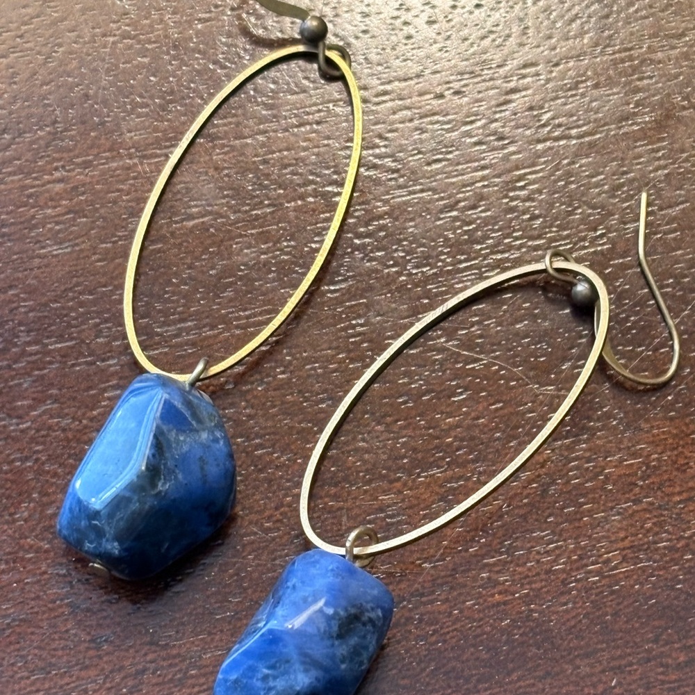 Blue Sodalite Stone Drop Earrings with Brass Hoops - Picture 5 of 7